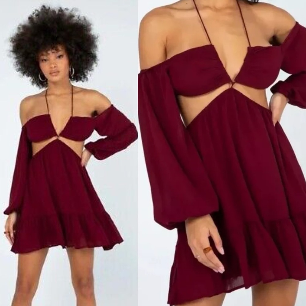 Princess Polly Natasha Maroon Burgundy Halter Cutout Balloon Sleeve Mini Dress